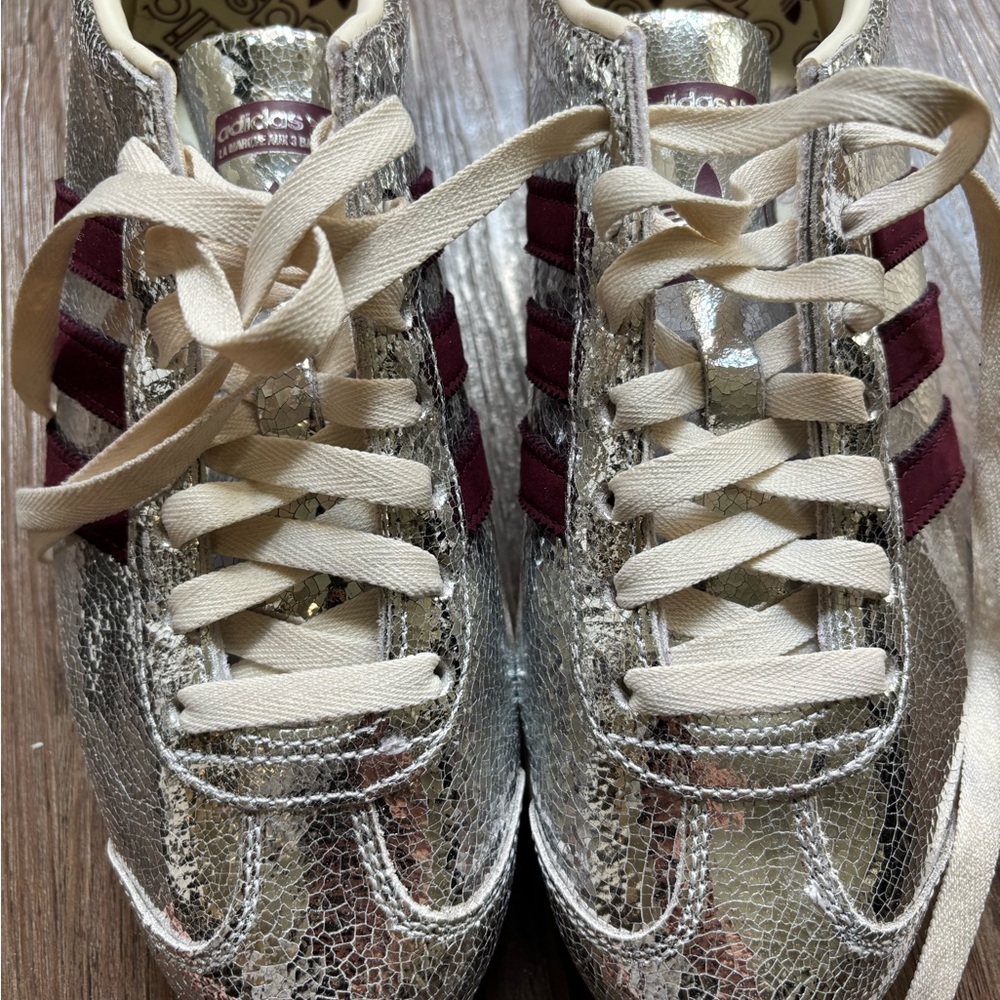 adidas Metallic Gold Sneakers with Burgundy Stripes - Picture 4 of 6